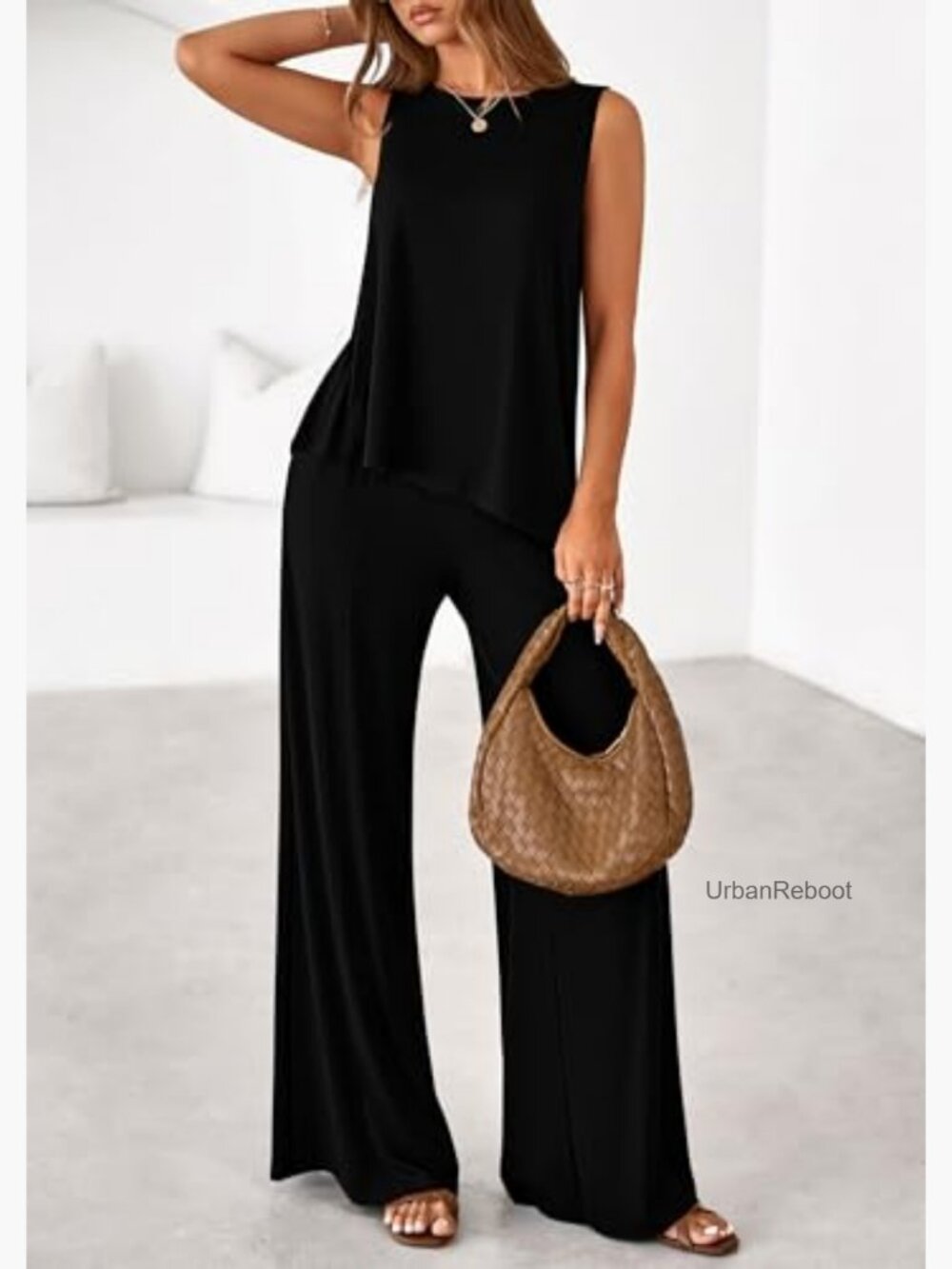 Two Piece Lounge Set Asymmetrical Tank Wide Leg Pants Summer - Picture 3 of 7
